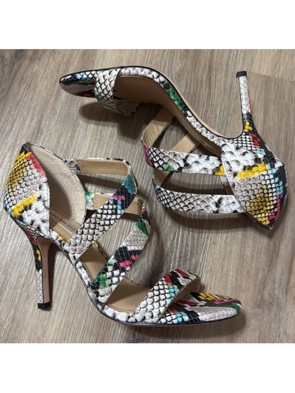 Antonio Melani Verene Size 9 Rainbow Snake Print Strappy Heels NIB